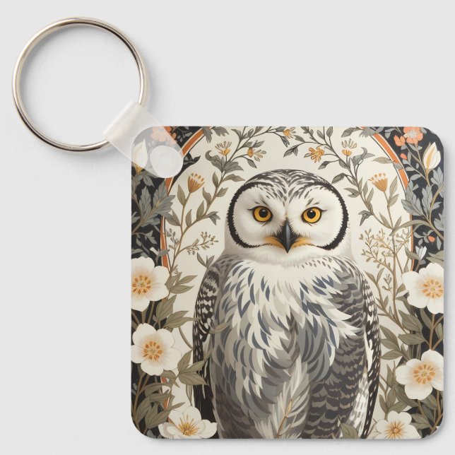 Beautiful Snowy Owl William Morris Inspired Keychain (Front)