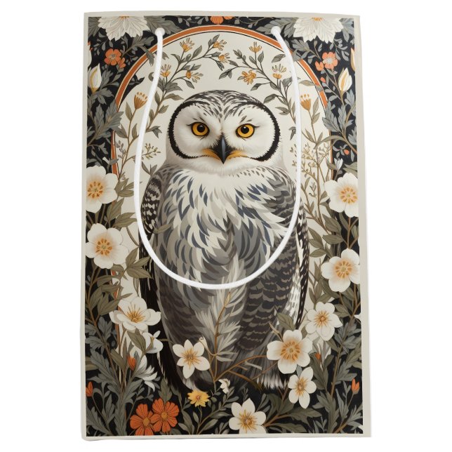 Beautiful Snowy Owl William Morris Inspired Medium Gift Bag (Front)