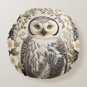 Beautiful Snowy Owl William Morris Inspired Round Pillow