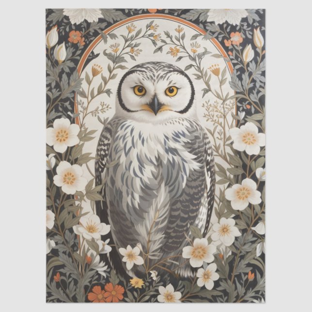 Beautiful Snowy Owl William Morris Inspired Tissue Paper (Front)