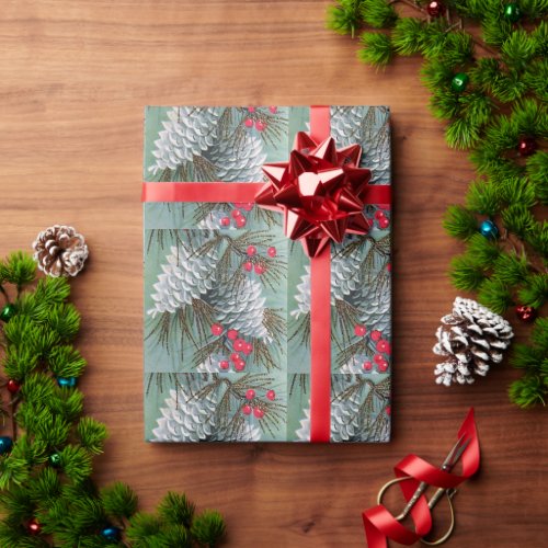 Beautiful Snowy Pine Cones Pine Branches Red Berry Wrapping Paper