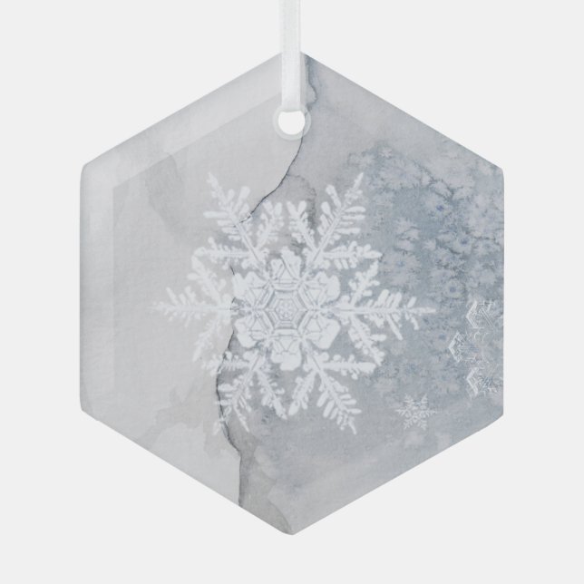 Beautiful Snowy Snowflake Christmas Glass Ornament (Front)