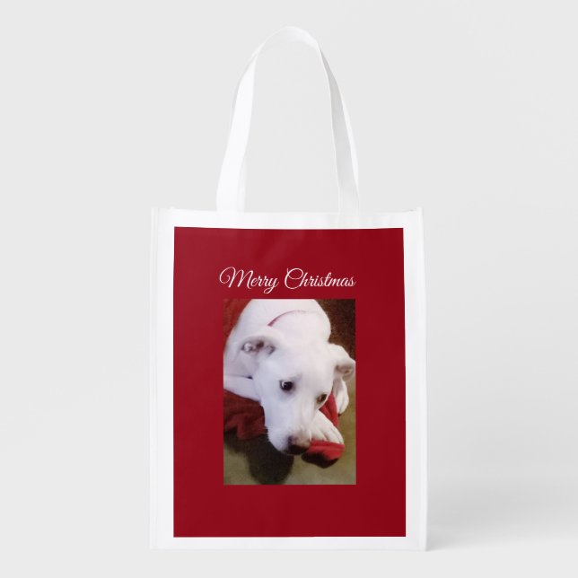 Beautiful Snowy White Puppy Dog Red Christmas Grocery Bag (Front)