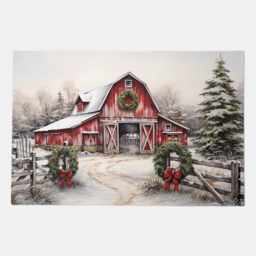 Beautiful Snowy Winter Rustic Red Barn Christmas Doormat