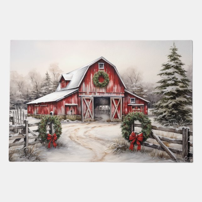 Beautiful Snowy Winter Rustic Red Barn Christmas Doormat (Front)