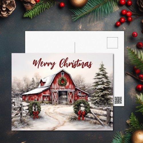 Beautiful Snowy Winter Rustic Red Barn Christmas Holiday Postcard