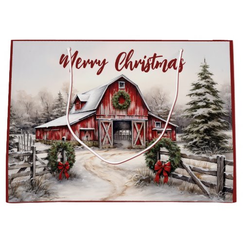 Beautiful Snowy Winter Rustic Red Barn Christmas Large Gift Bag