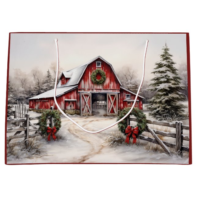 Beautiful Snowy Winter Rustic Red Barn Christmas Large Gift Bag (Front)