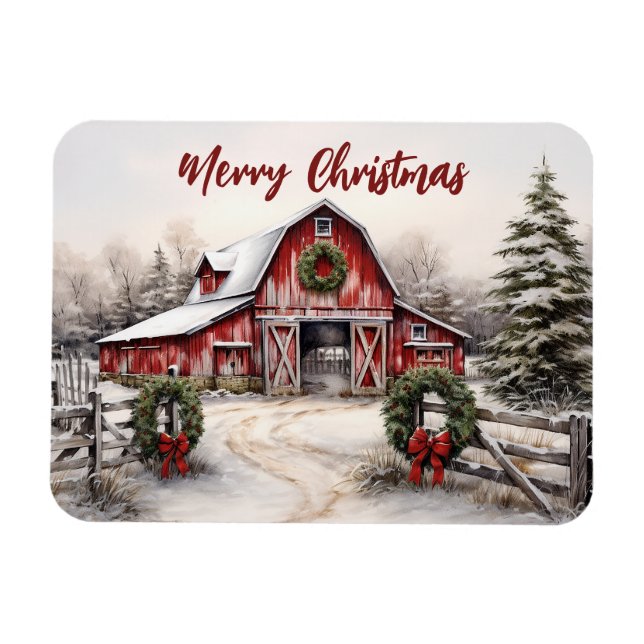 Beautiful Snowy Winter Rustic Red Barn Christmas Magnet (Horizontal)