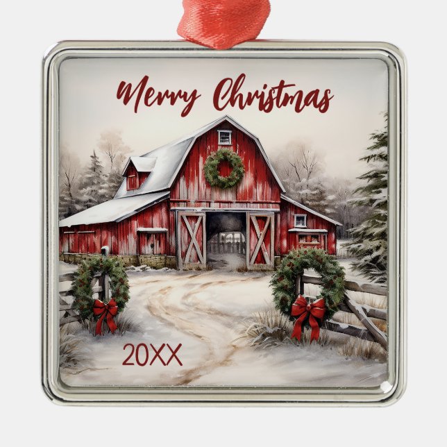 Beautiful Snowy Winter Rustic Red Barn Christmas Metal Ornament (Front)