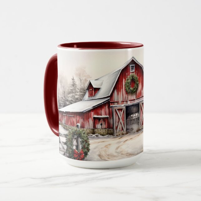 Beautiful Snowy Winter Rustic Red Barn Christmas Mug (Front Left)