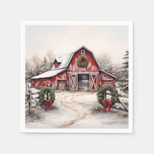 Beautiful Snowy Winter Rustic Red Barn Christmas Napkins
