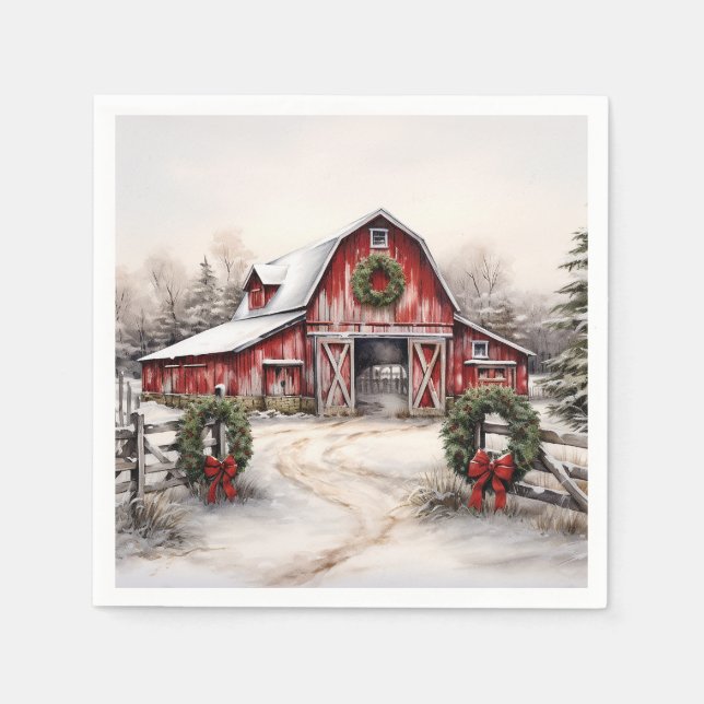 Beautiful Snowy Winter Rustic Red Barn Christmas Napkins (Front)