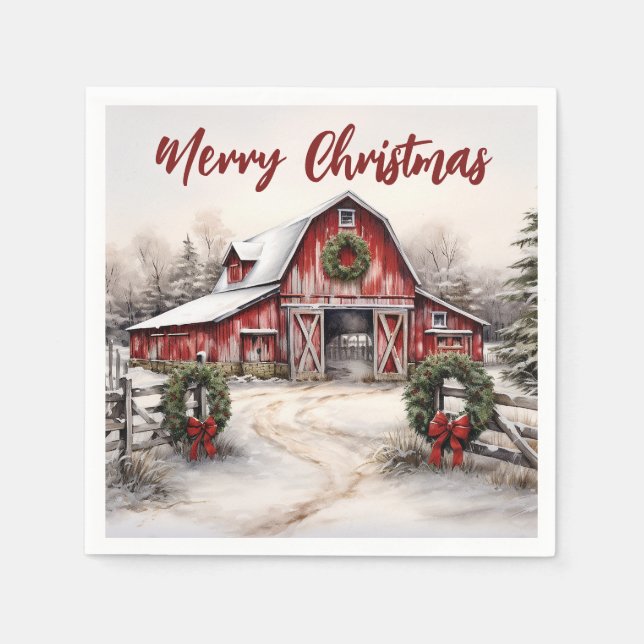 Beautiful Snowy Winter Rustic Red Barn Christmas Napkins (Front)