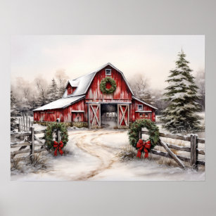 Beautiful Snowy Winter Rustic Red Barn Christmas Poster