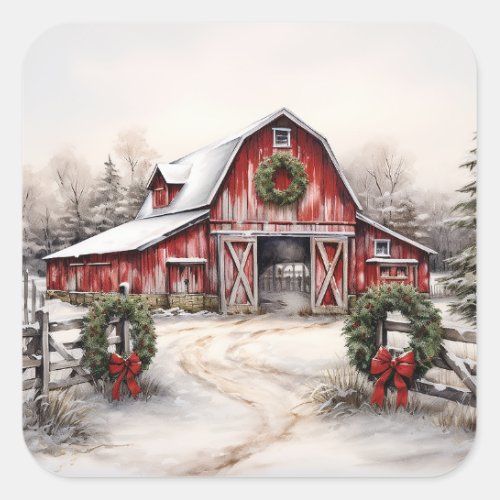 Beautiful Snowy Winter Rustic Red Barn Christmas Square Sticker