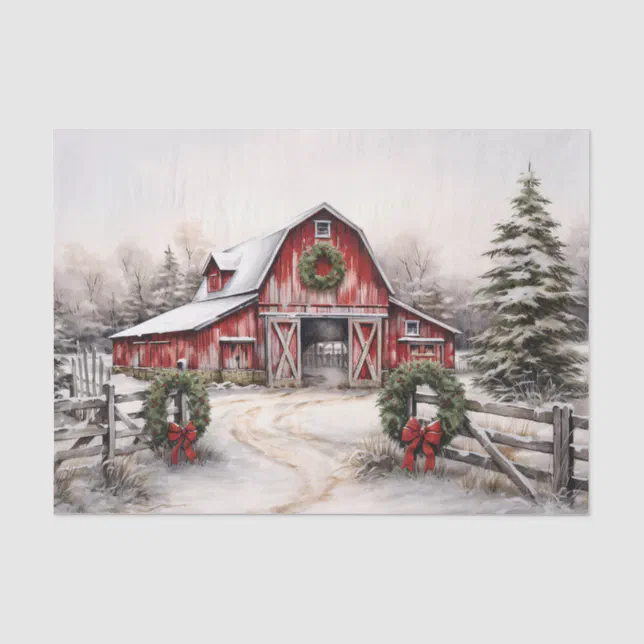 Beautiful Snowy Winter Rustic Red Barn Christmas Tissue Paper | Zazzle