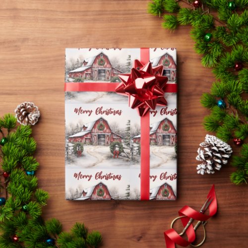 Beautiful Snowy Winter Rustic Red Barn Christmas Wrapping Paper