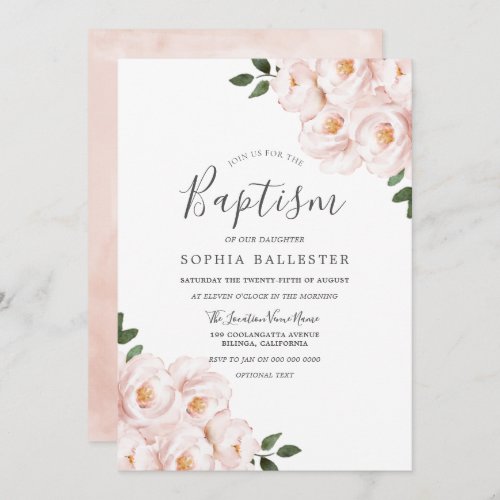 Beautiful Soft Blush Pink Floral Baby Girl Baptism Invitation