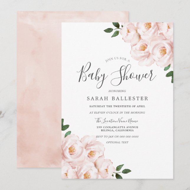 Beautiful Soft Blush Pink Flowers Baby Shower Invitation (Front/Back)