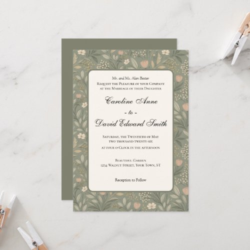 Beautiful Soft Flowers on Sage Green Muted Earthy Invitation