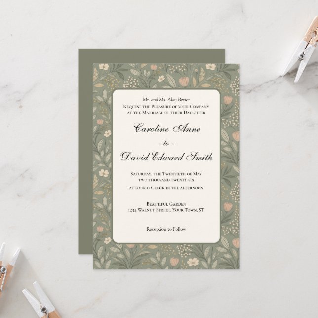 Beautiful Soft Flowers on Sage Green Muted Earthy Invitation (Front/Back In Situ)