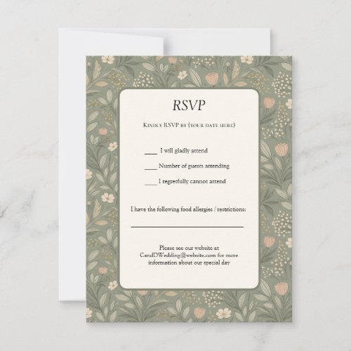 Beautiful Soft Flowers on Sage Green Muted Earthy RSVP Card