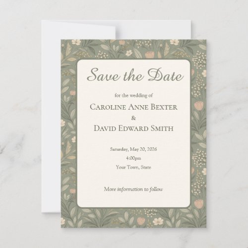 Beautiful Soft Flowers on Sage Green Muted Earthy Save The Date