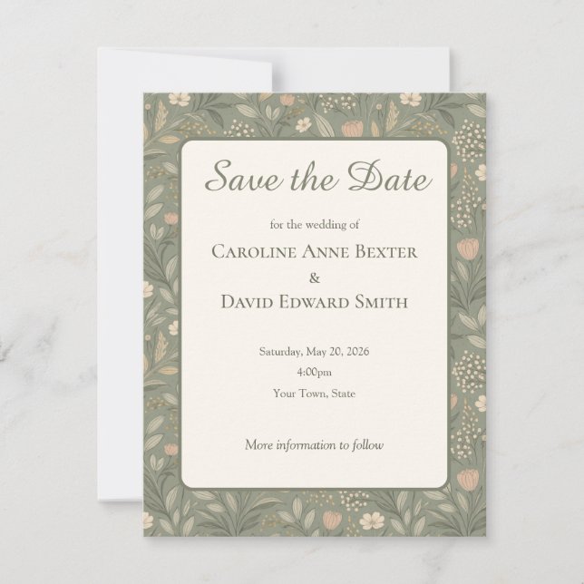 Beautiful Soft Flowers on Sage Green Muted Earthy Save The Date (Front)