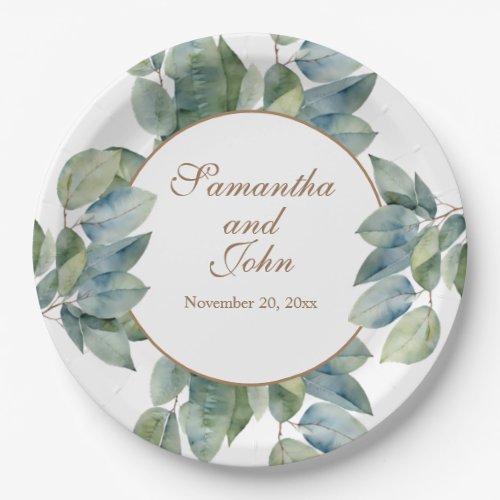 Beautiful soft green teal leaves gold calligraphy  paper plates
