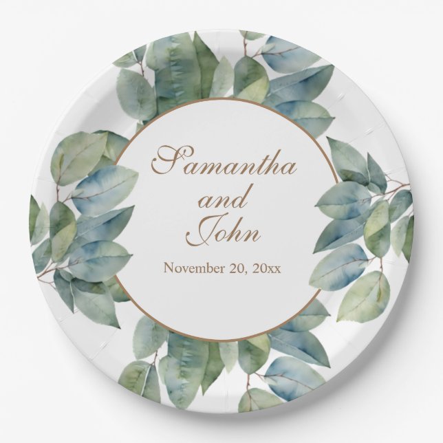 Beautiful soft green teal leaves gold calligraphy  paper plates (Front)