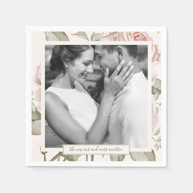 Beautiful Soft Peach Roses with Photo Wedding Napkins (Front)