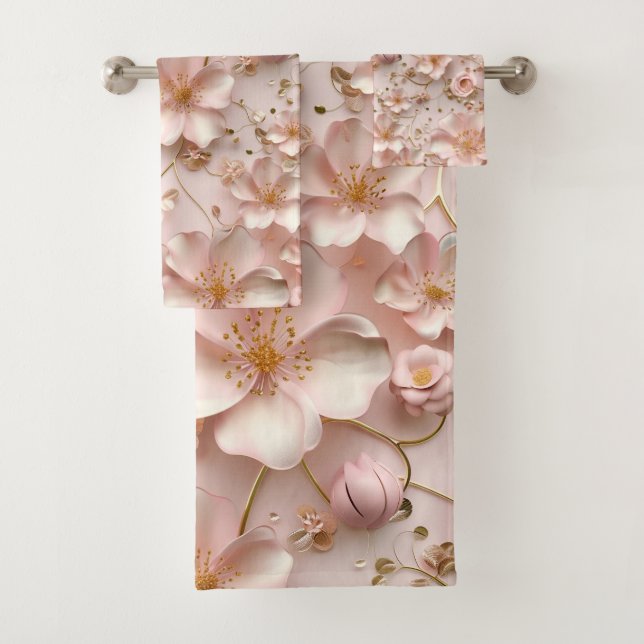 Beautiful Soft Pink Pastel Floral Bath Towel Set (Insitu)