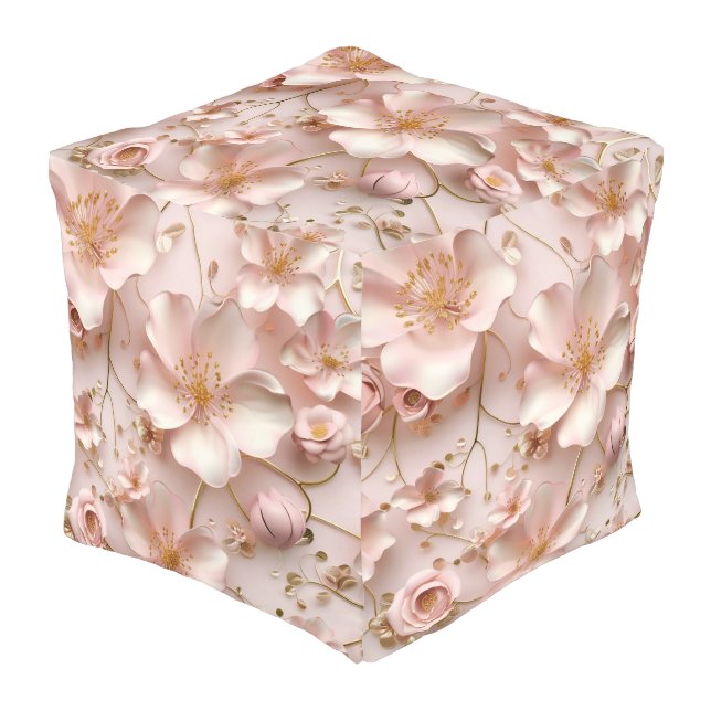 Beautiful Soft Pink Pastel Floral Pouf (Angled Front)