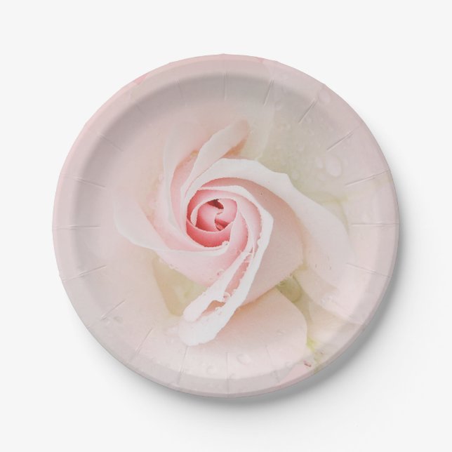 Beautiful Soft Pink Wet Rose Elegant Bridal Shower Paper Plates (Front)