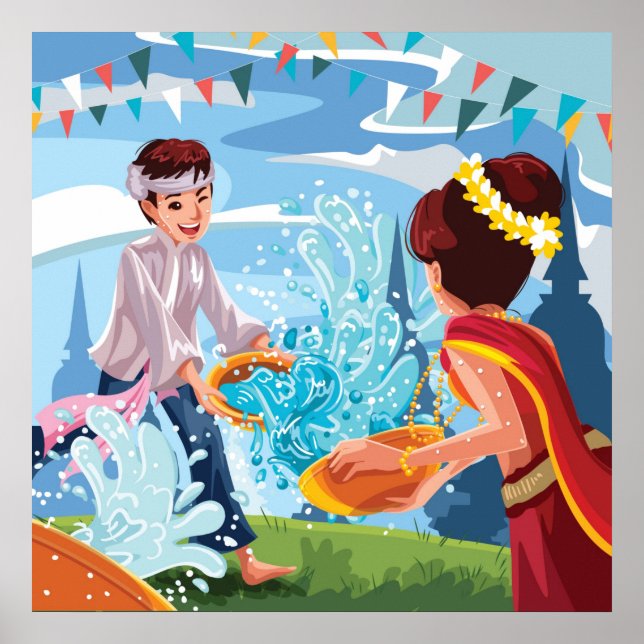 Beautiful Songkran Festival Throwing Water Poster (Front)