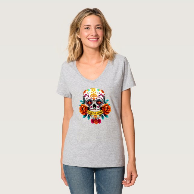 Beautiful Souls Sugar Skull Rose Banner Art T-Shirt (Front Full)