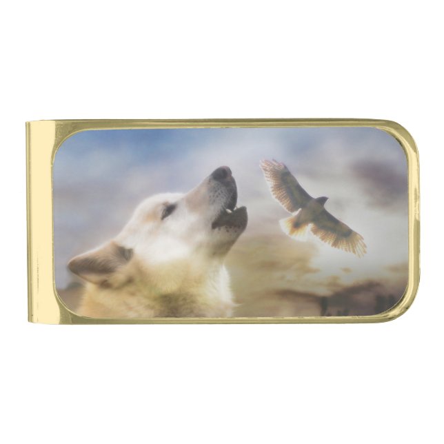 Beautiful Southwestern Wolf and Hawk  Gold Finish Money Clip (Front)