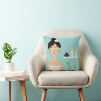 Beautiful Spa Woman In Blue Bathroom Illustration Throw Pillow