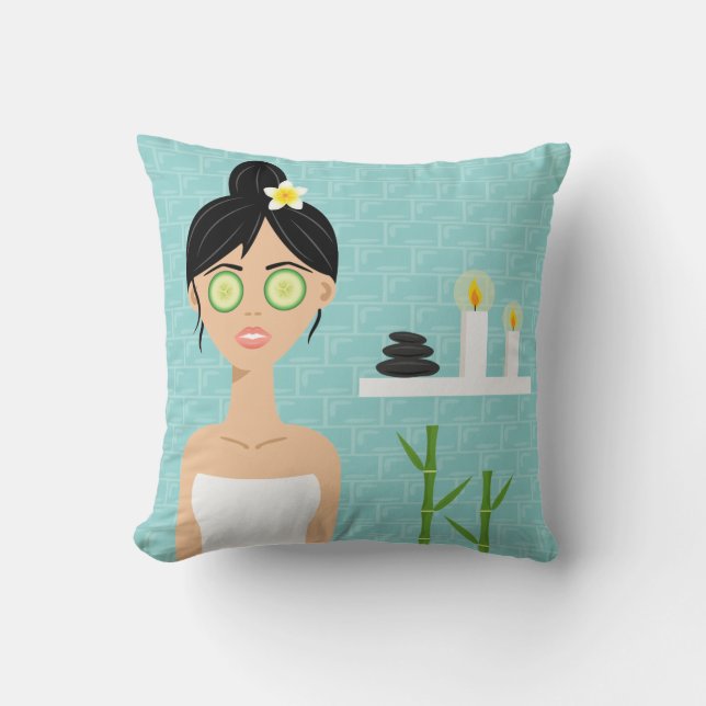 Beautiful Spa Woman In Blue Bathroom Illustration Throw Pillow (Front)