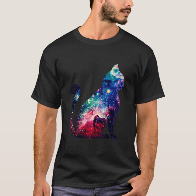 Beautiful Space Nebula Galaxy Cat Silhouette T-Shi T-Shirt (Front)