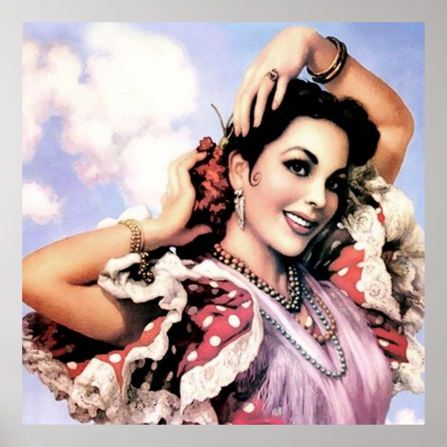 Beautiful Spanish Flamenco Dancer in Red Polka Dot Poster (Front)