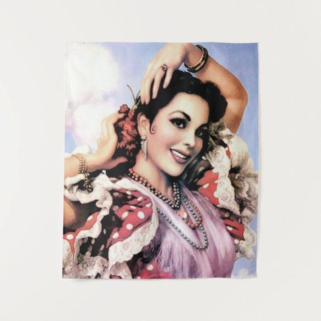 Beautiful Spanish Flamenco Dancer in Red Polka Dot Tapestry (Front)