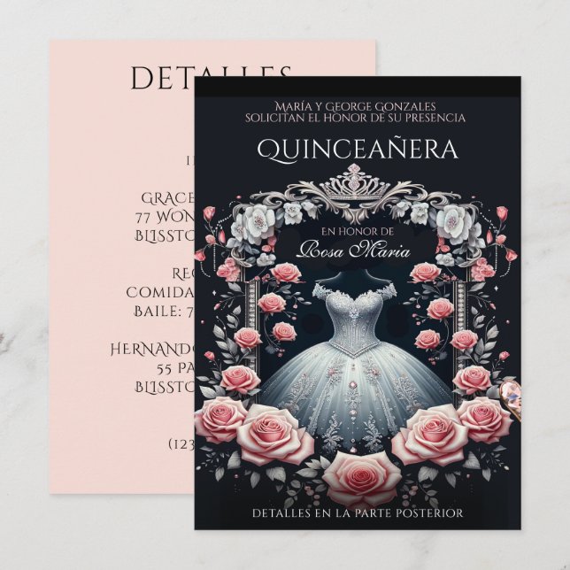 Beautiful Spanish Quinceañera Rose Invitation (Front/Back)
