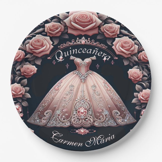 Beautiful Spanish Quinceañera Rose Paper Plates (Front)
