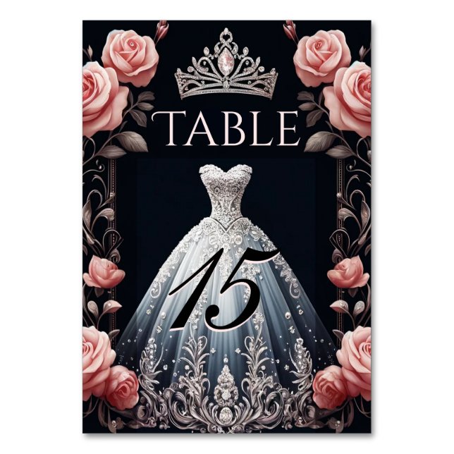 Beautiful Spanish Quinceañera Rose Table Number (Front)