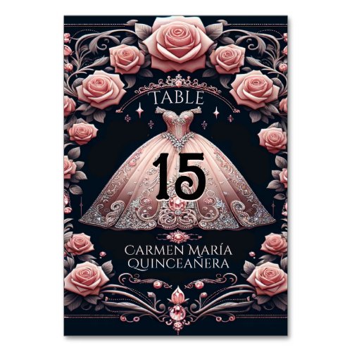 Beautiful Spanish Quinceaera Rose Table Number