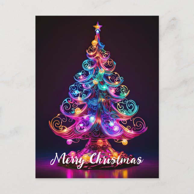 Beautiful Sparkling Neon Christmas Tree Holiday Postcard (Front)
