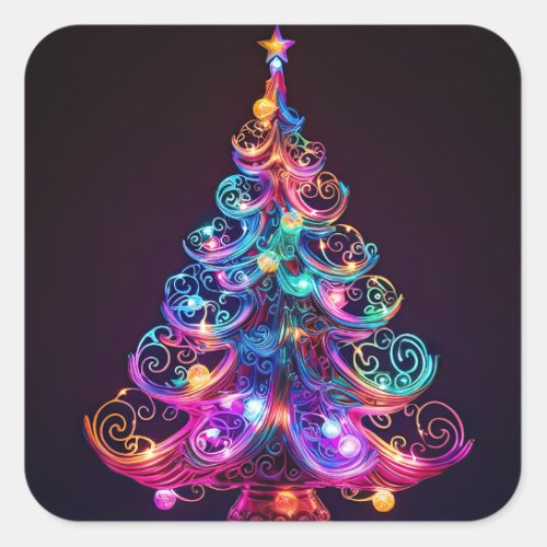 Beautiful Sparkling Neon Christmas Tree Holiday Square Sticker