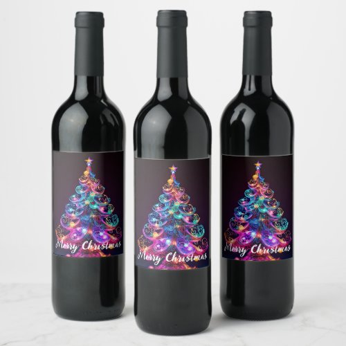 Beautiful Sparkling Neon Christmas Tree Holiday Wine Label